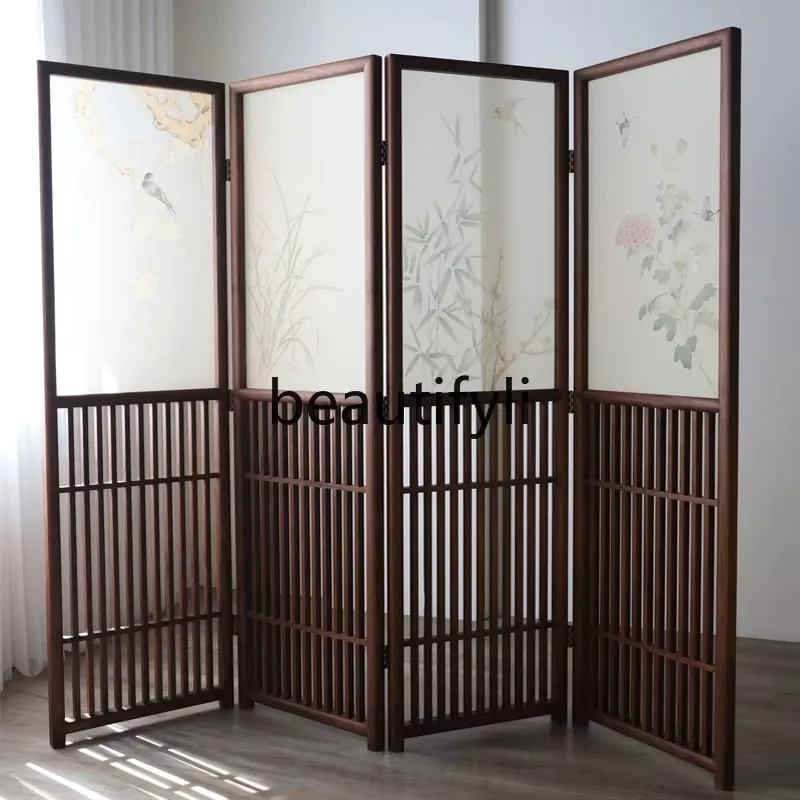 New Chinese Style Semi-Transparent Silk Hand-Painted Solid Wood Lattice Screen Partition Living Room Office Decoration  H