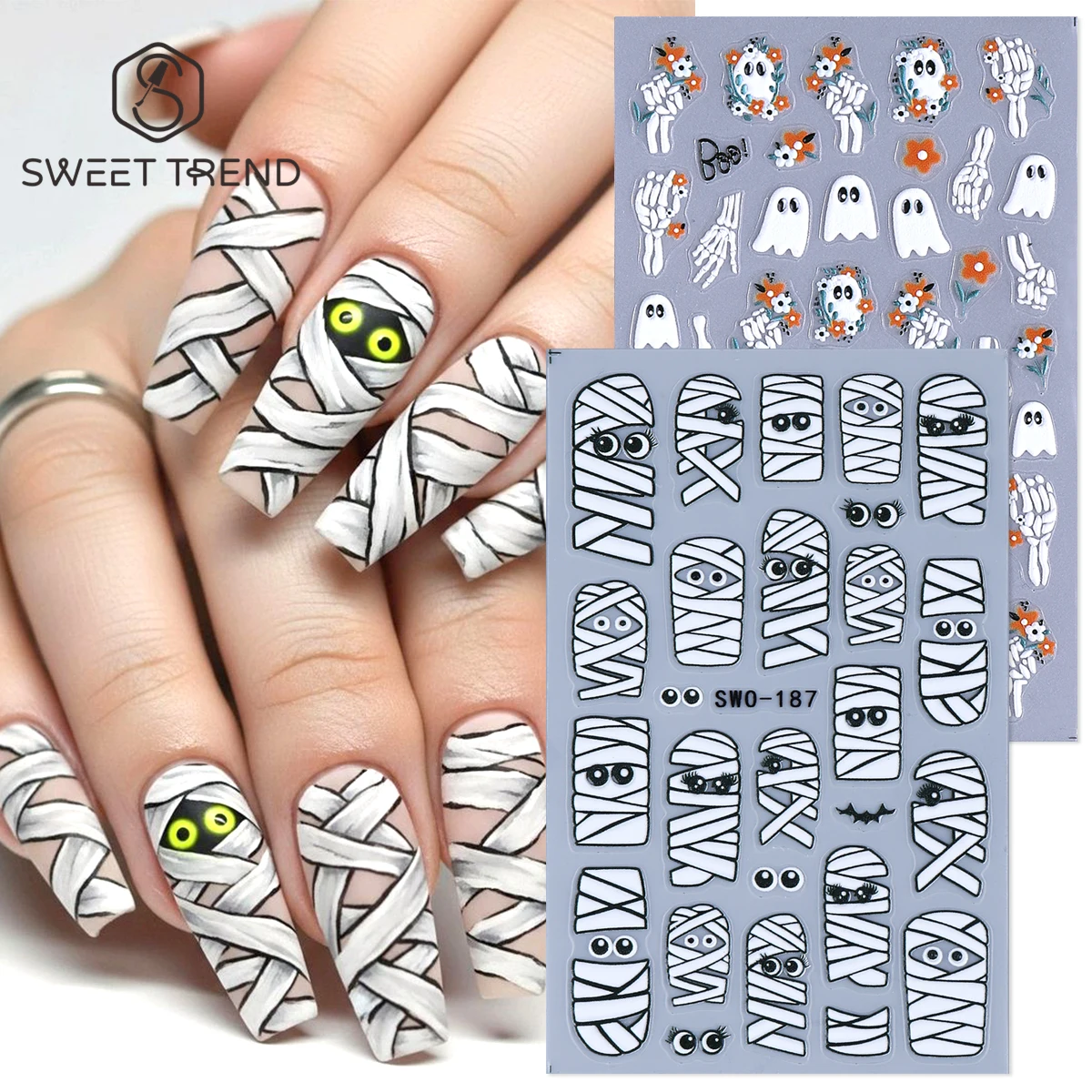 2pcs Wacky Expressions Mummy Matte Nail Sticker Ghost Skull Bone Flowers Design Adhesive Decals Halloween Foils Manicure Decor