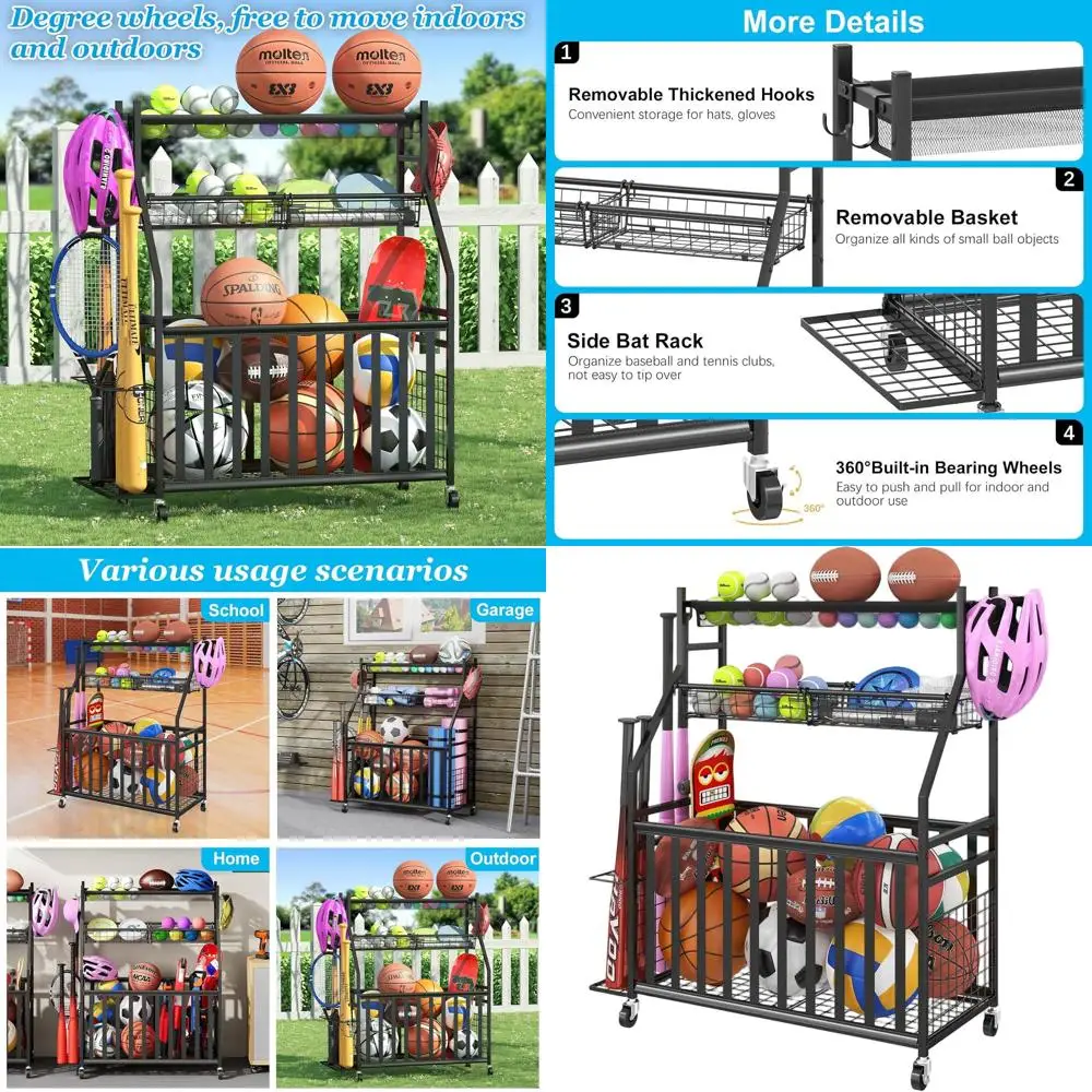 

Rolling Sports Equipment Organizer with Wheels, Ball Basket, and Bat Rack - Black