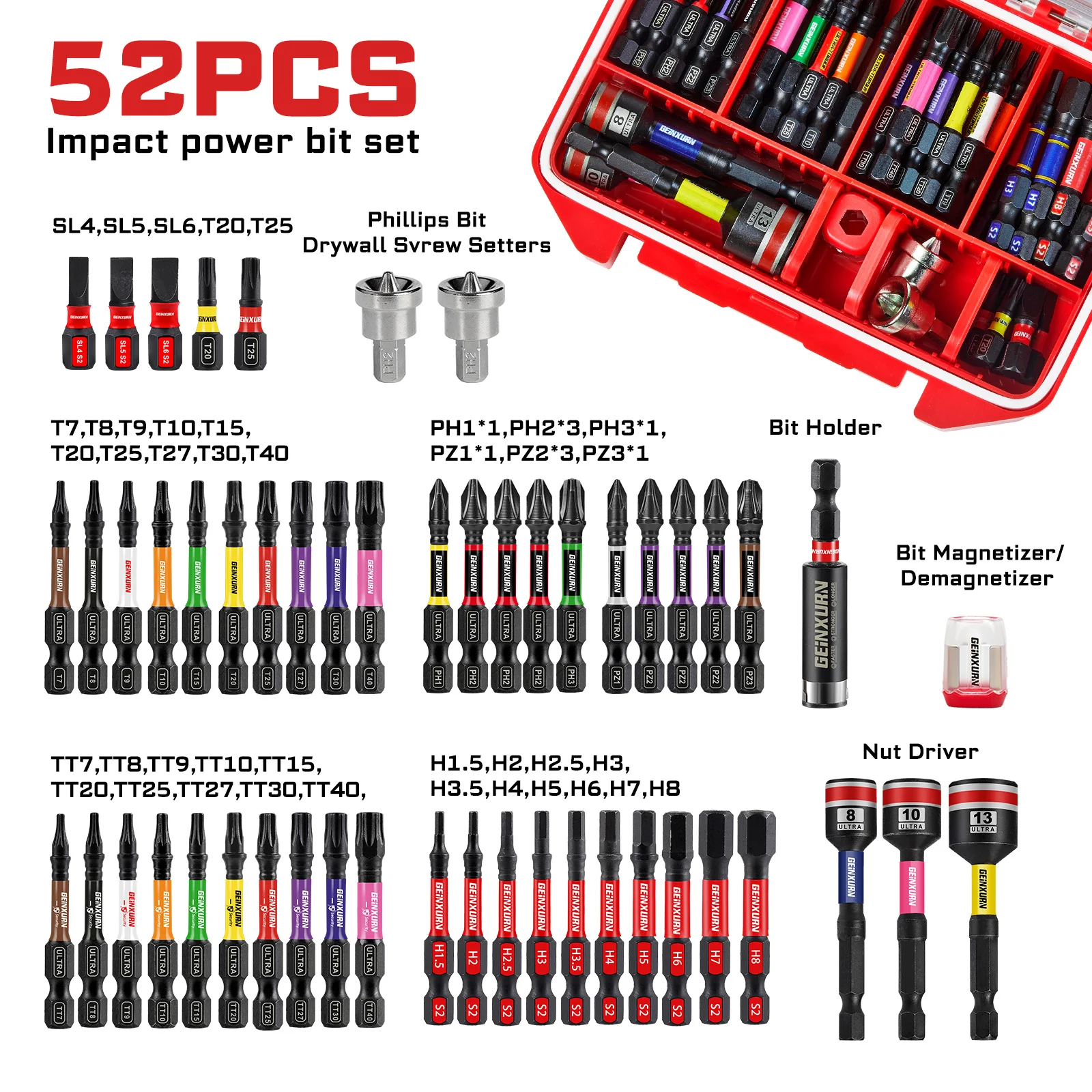 Geinxurn 52-teiliges Impact Ultra Torque Schraubendreher-Bit-Set, magnetische S2-Stahl-Bitspitzen mit Impact-Bithalter und Aufbewahrungsbox