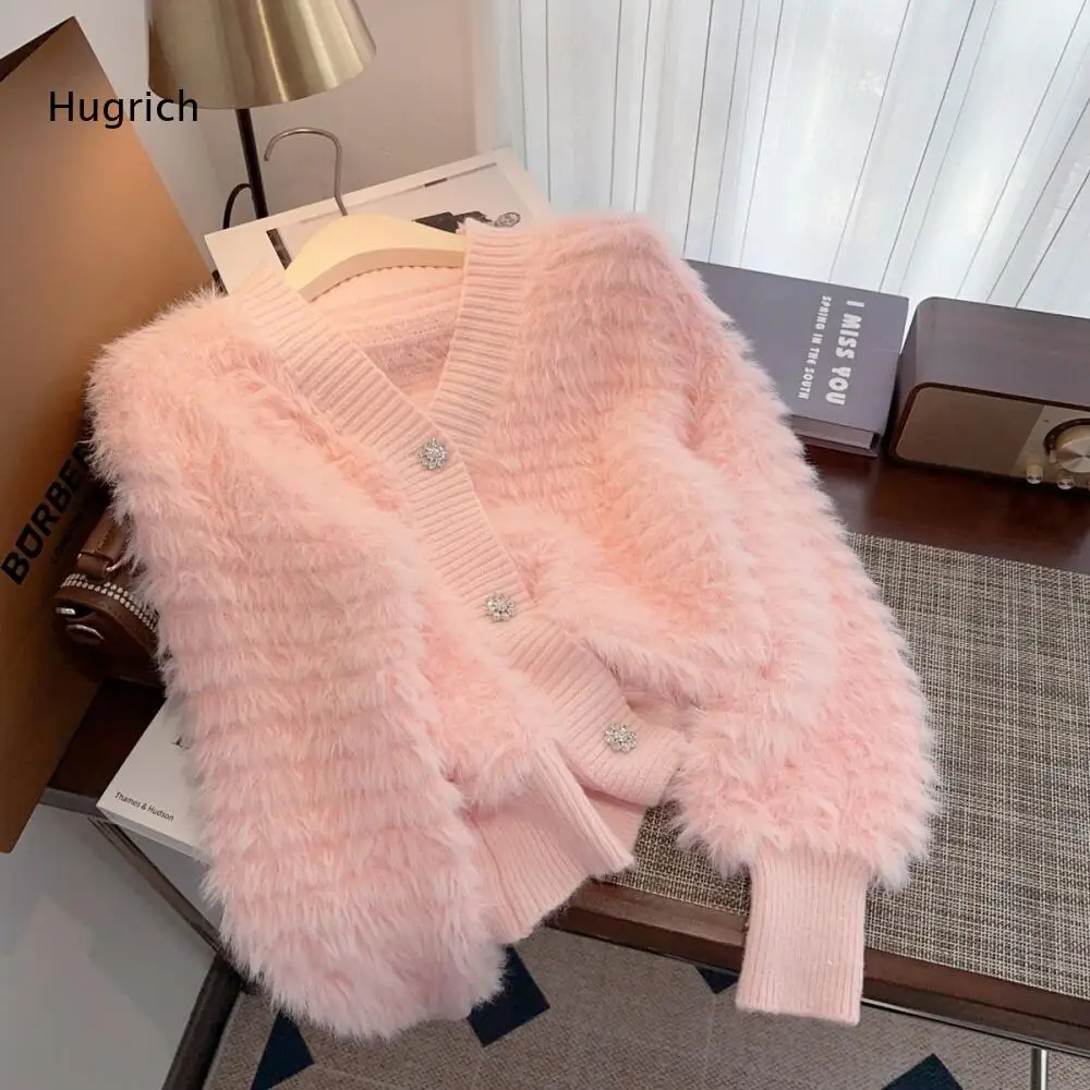 Ladies Soft Fuzzy Knit Cropped Cardigan V Neck Design Rhinestone Decor Buttons Long Sleeve Plush Knitwear for Cold Season Wear
