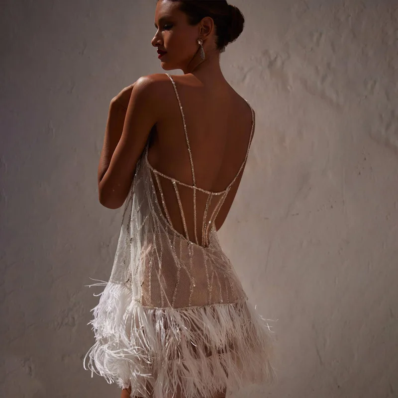 Summer Women Dress Party Dresses Sexy Backless Short Layered Fringe Mesh Beaded Halter Dresses Elegant Temperament Dress 2024