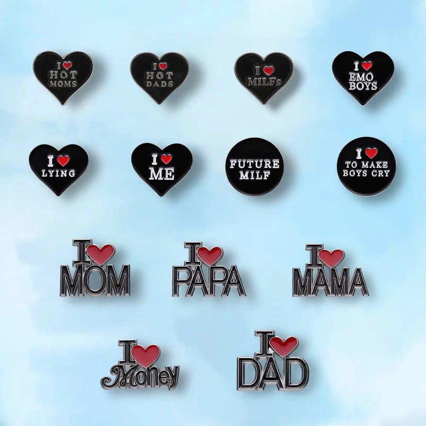 I Love Dads Moms Enamel Pins Custom Red Heart Brooches Lapel Badges Punk Funny Jewelry Gift for Kids Friends