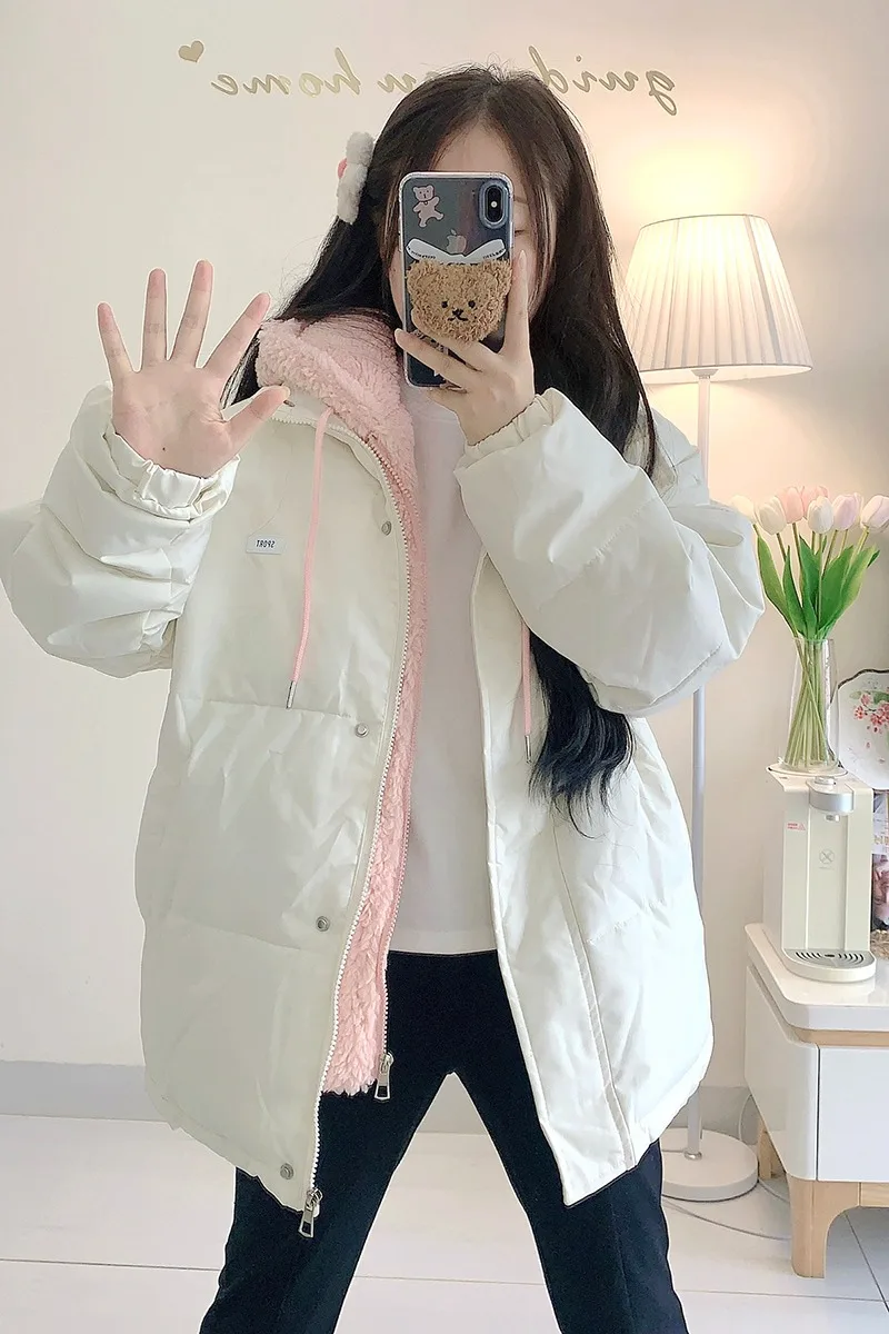 

Корейский стиль, искусственный двухсекционный пуховик с капюшоном, короткая и свободная женская куртка на хлопковой подкладке, повседневная однотонная куртка-пуховик