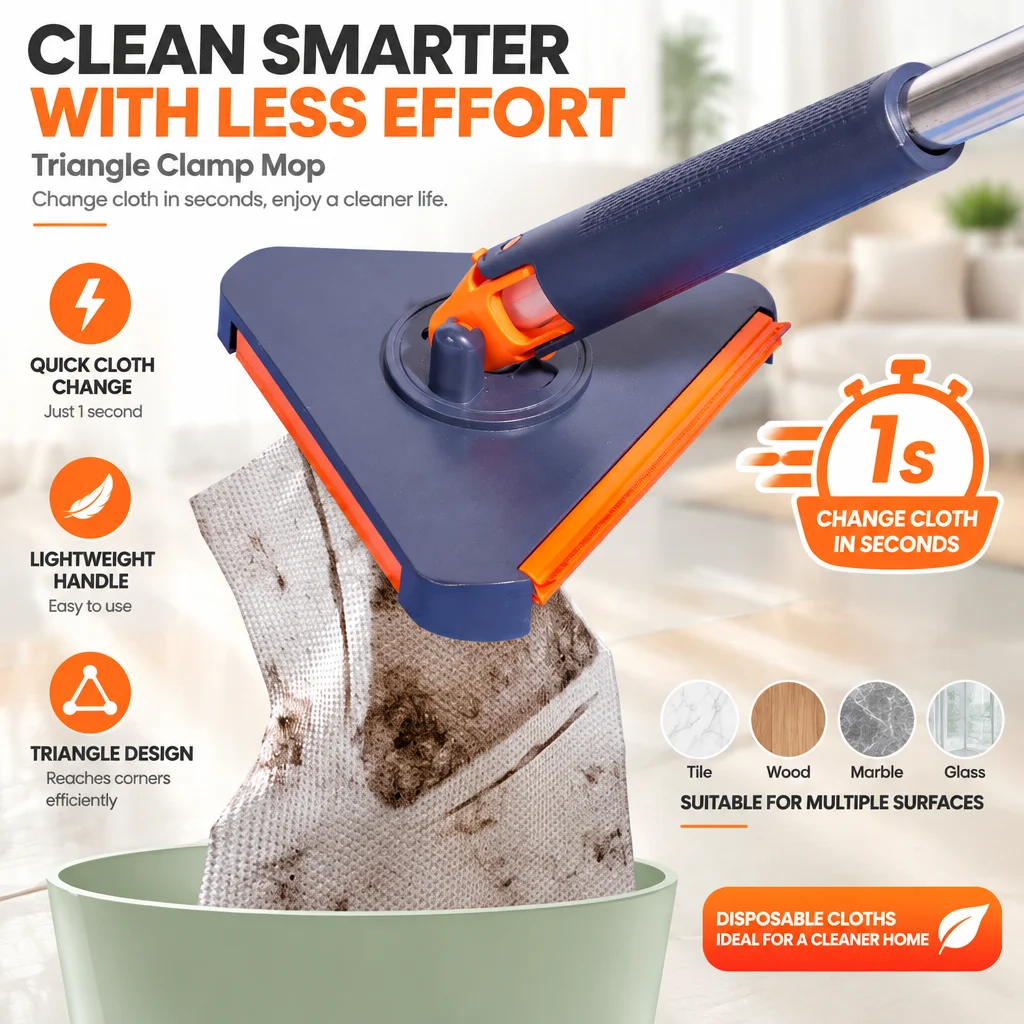 2SET Easy Tap Potty Mop, Triangle Disposable Bathroom Mop, Snap Grip Mini Mop Clip Mop for Toilet, Kitchen and Home Cleaning