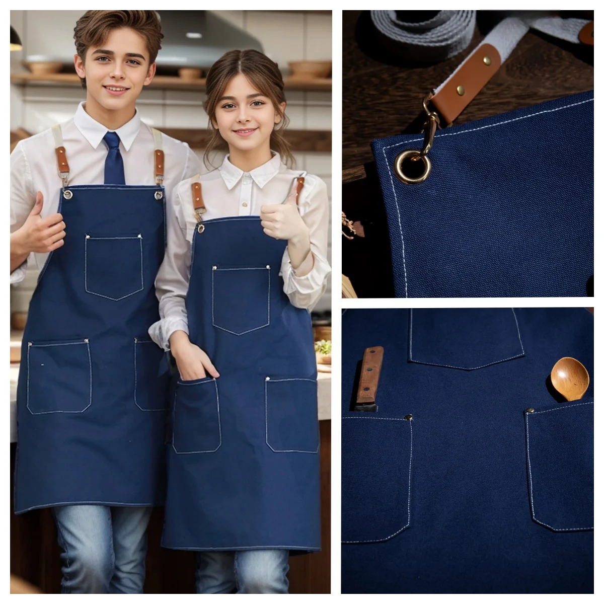 

Adjustable Shoulder Cotton Canvas Apron with 3 Large Capacity Pockets for Hotel Chefs Home Kitchen Cooking