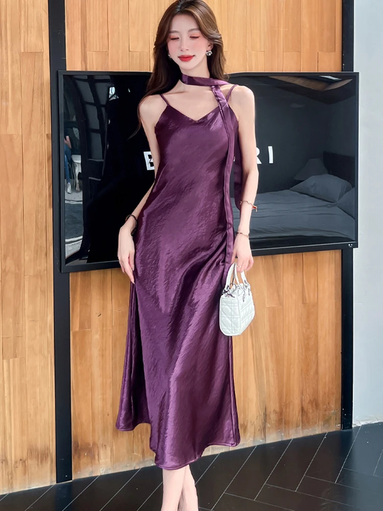 女性パープルサテンシックな V ネックセクシーなスリングロングドレス 2025 韓国ヴィンテージ高級イブニングドレス夏エレガントなボディコンパーティードレス