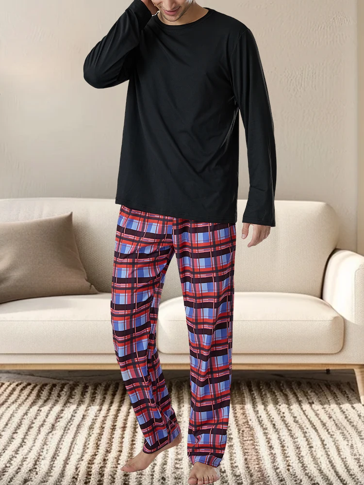 Men\'s fashion home plaid pajama trousers large size loose elastic waist breathable trousers trousers set loungewear