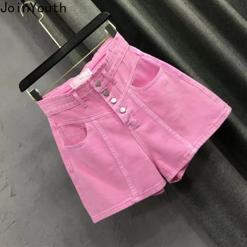 Shorts jeans de cintura alta feminino, calção jeans rosa, calças largas, roupas casuais de verão, roupas de rua, calças novas, moda, Y2K, 2024