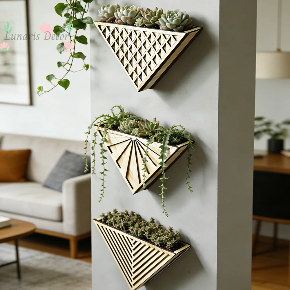Triangular shaped creative floral wall planter shelf wooden home decor
