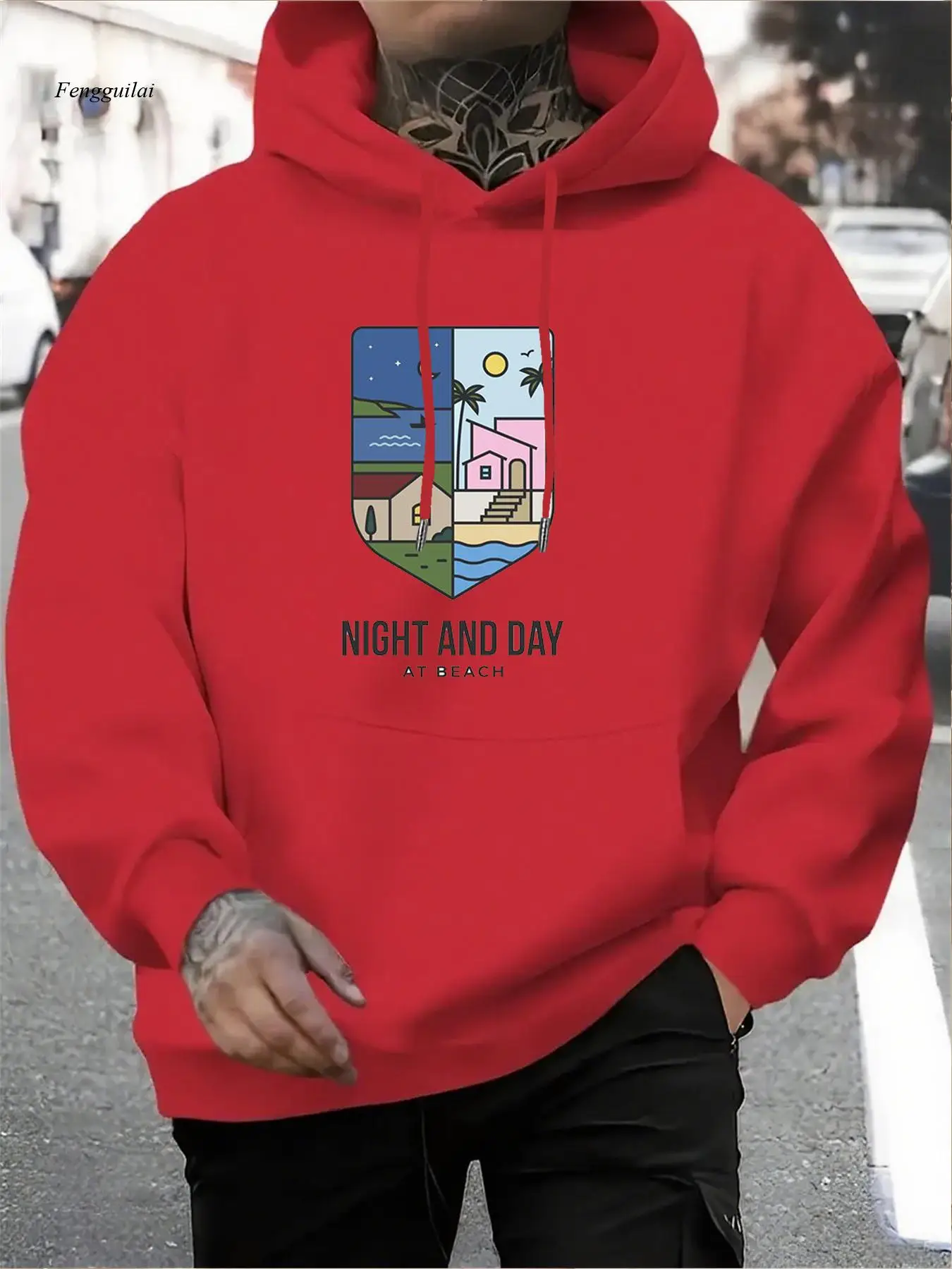 

Толстовка с рисунком Night & Day Beach — красные/белые цветные блоки с токио и принтом, мягкая уличная толстовка