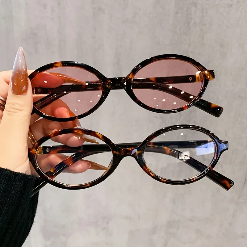 2 Stück Damen Oval Retro Brille Y2K Leopard Kleiner Rahmen Brille Neue Mode Einfache Vintage Weibliche Mädchen Brillen – Detail 3