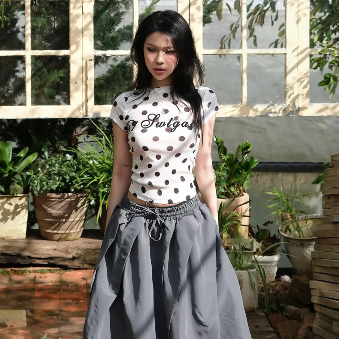 Onalippa Sweet Spicy Girl Polka Dot Letter Printed Short Sleeved T-shirt Women Fashion Waist Hugging Versatile Short Top Summer