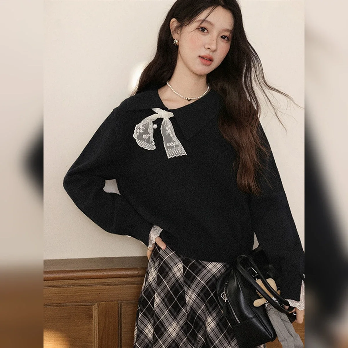 

Универсальный мягкий свитер с нерегулярным воротником в корейском стиле, модный темпераментный кружевной топ с длинными рукавами, осенне-зимний топ для женщин