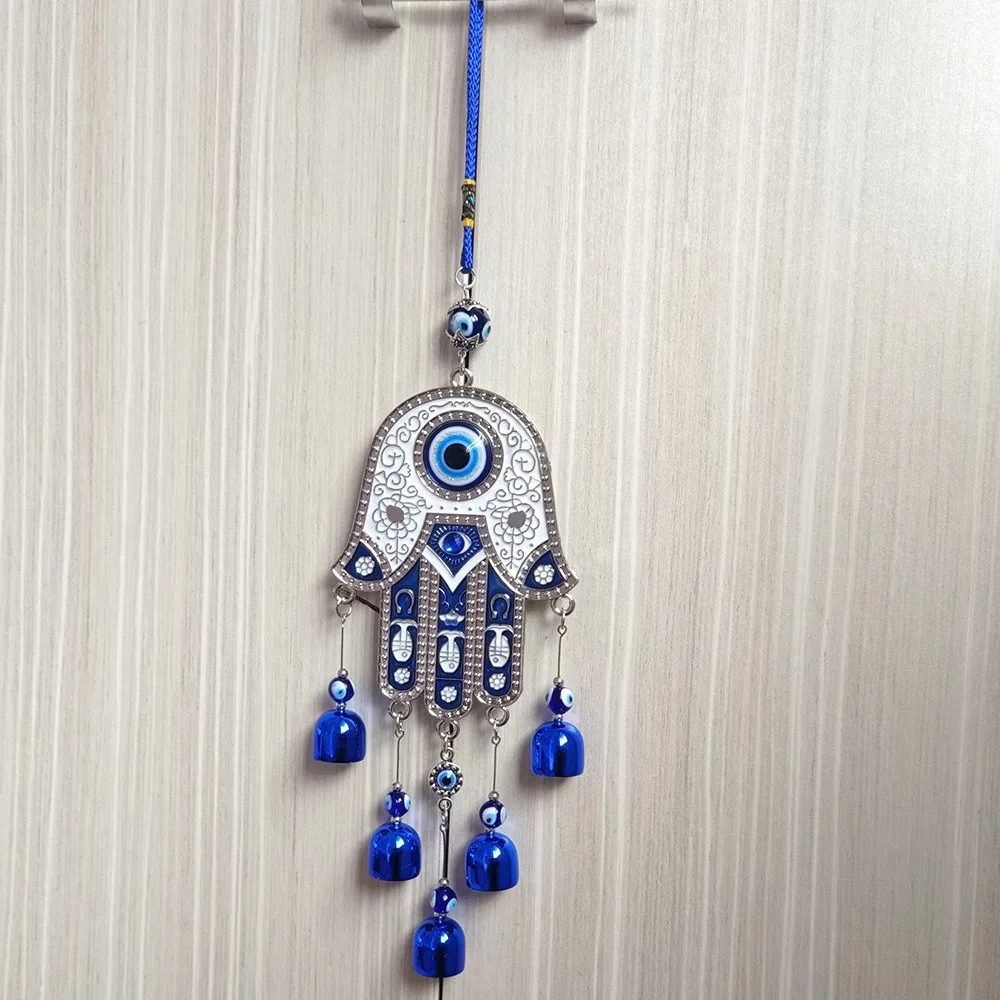 

Wall Decoration Fatima Hand Wind Chimes Hamsa Hand Blessing Protection Blue Evil Eyes Pendant Hanging Ornaments Small Bell