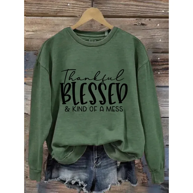 ilstile Women's Thanksgiving Blessed Print Sports Hoodies Autumn Winter Outdoor Long Sleeve Casual Loose Round Neck Sweatshirts