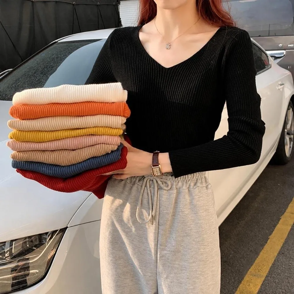 Casual Slim Fit V-Neck Sweater Solid Color Knitwear Long Sleeve Sweater Knitted Pullover Sweater Autumn Winter