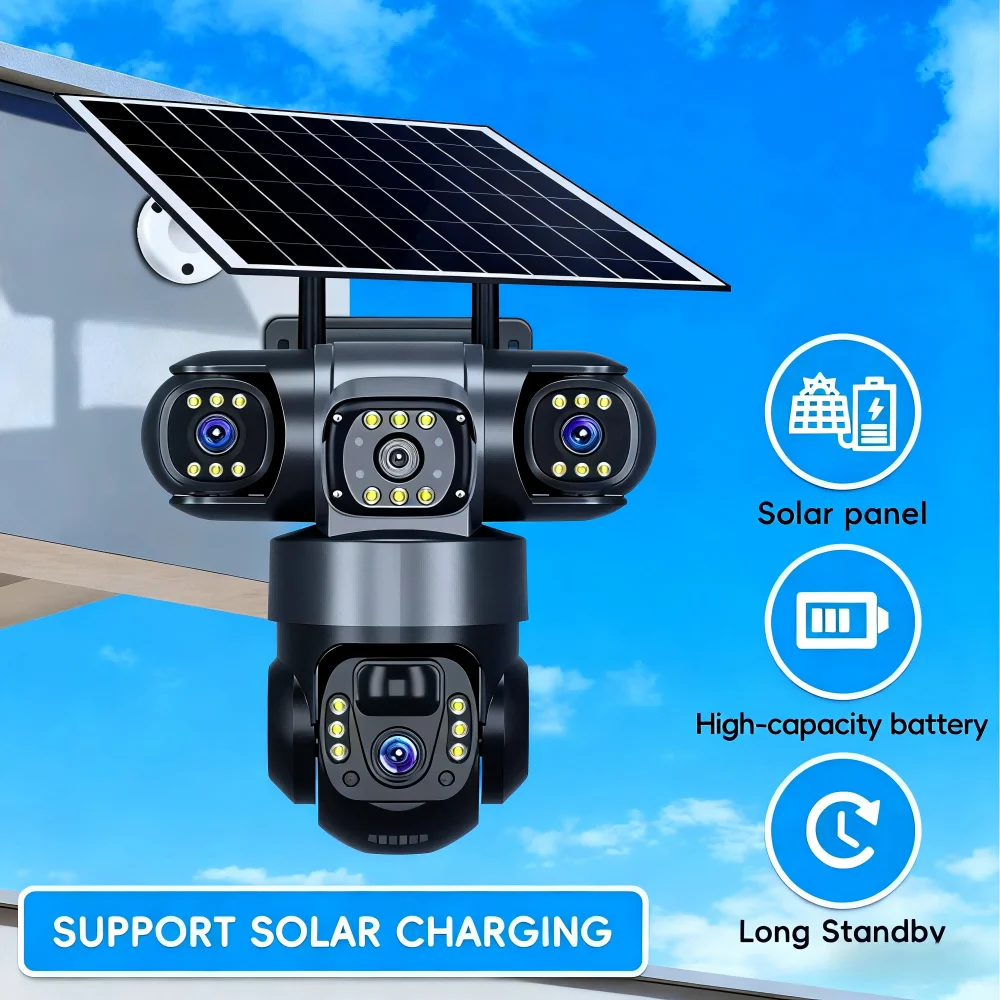 

Солнечная PTZ-камера с 3 объективами и 3 экранами, наружная безопасность 12 МП с 10-кратным зумом, V380 Pro, поддержка Wi-Fi/SIM-карты, полноцветное ночное видение