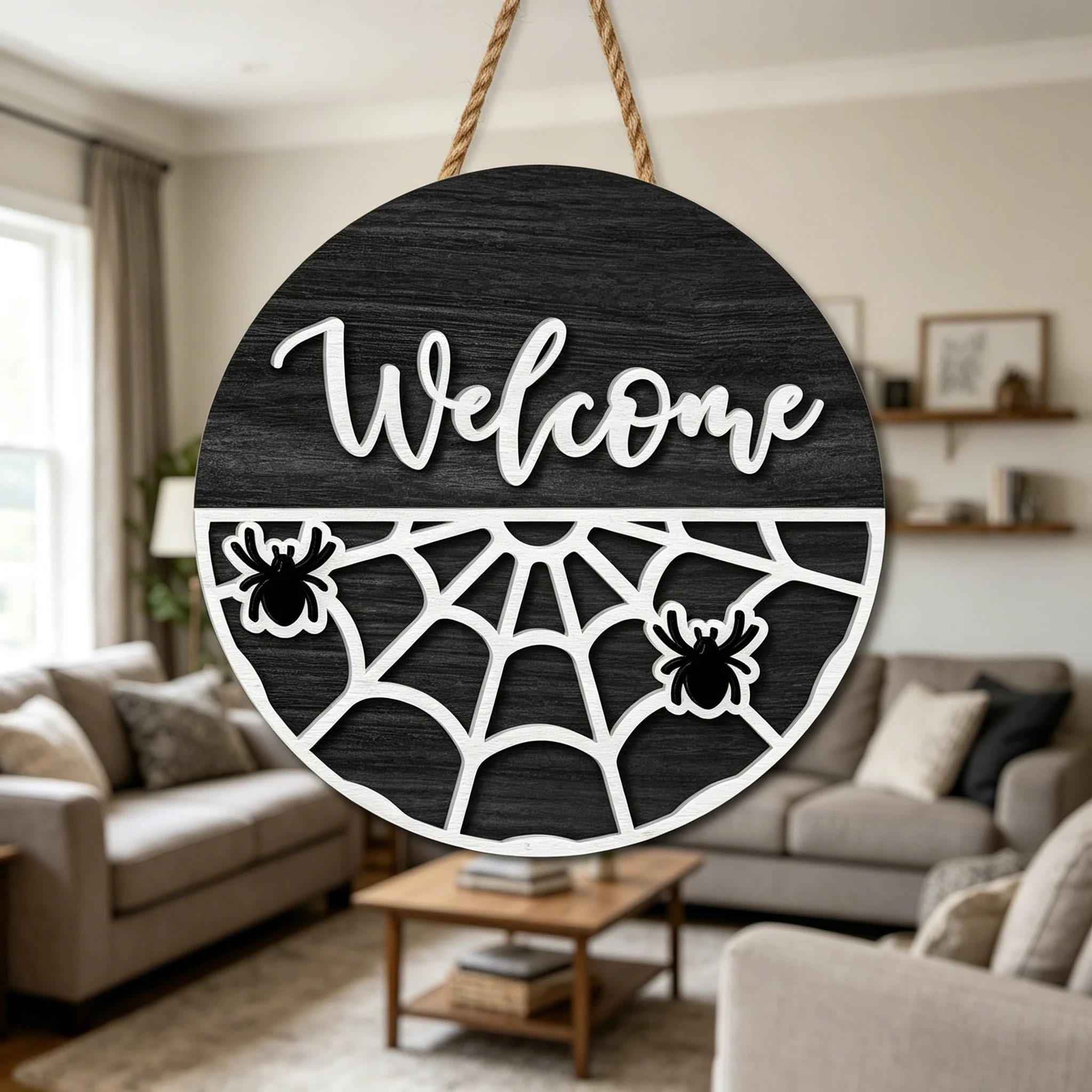 Custom Halloween Welcome Wooden Sign Spider Web Wood Plaque Door Hanger Front Door Wall Decor Halloween Home Party Decoration