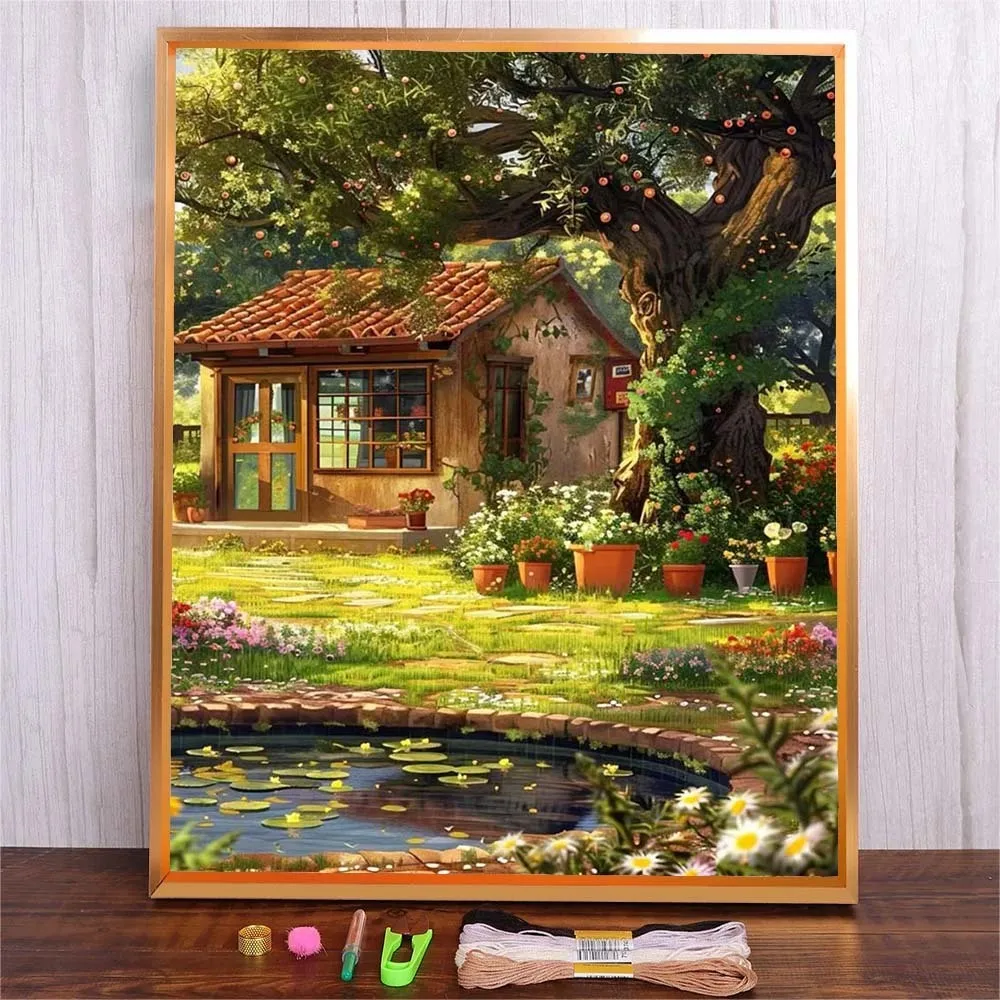 

Printed Canvas Embroidery Kit Tree House Pattern DIY Needlework Crafts Cotton Thread Cross Stitch Embroidery Kit For Beginners