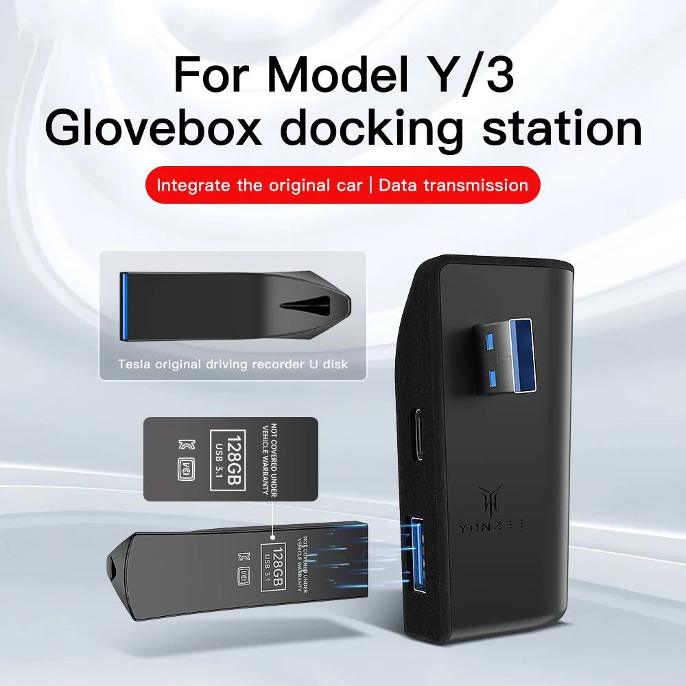 Glove Box Docking Station For Tesla Model Y Model 3 Quick Charger 4 USB Shunt Hub Flocking Adapter Powered Splitter Extension