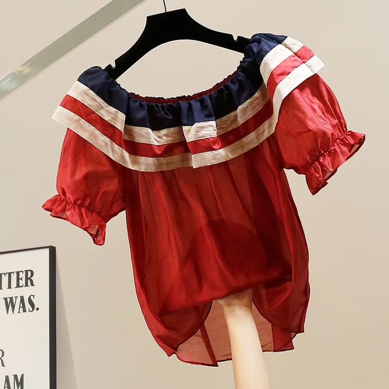 

Faionable Heavy Work Color Blo irt Design Loose ort Sve Wooden Bordered Striped Top Sweet And Sal Personali