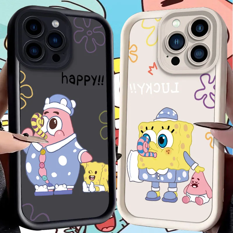 Cartoon S-SpongeBobs Case for iPhone 15 14 13 12 11 Pro Max XS X XR 8 7 6S 6 Plus SE 2020 Liquid Silicone Shockproof Cover Funda