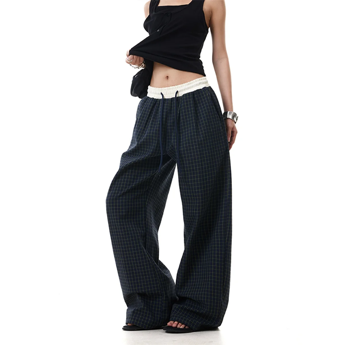 Moda feminina xadrez cordão calça outono primavera novo em calças retas perna larga cor bloqueada calças l ady casual streetwear