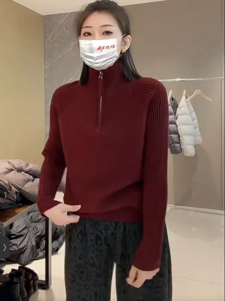 

Ретро-красный вязаный свитер на молнии с длинными рукавами, женский, свободного кроя, мягкий, теплый, однотонный, повседневный, для ежедневной носки