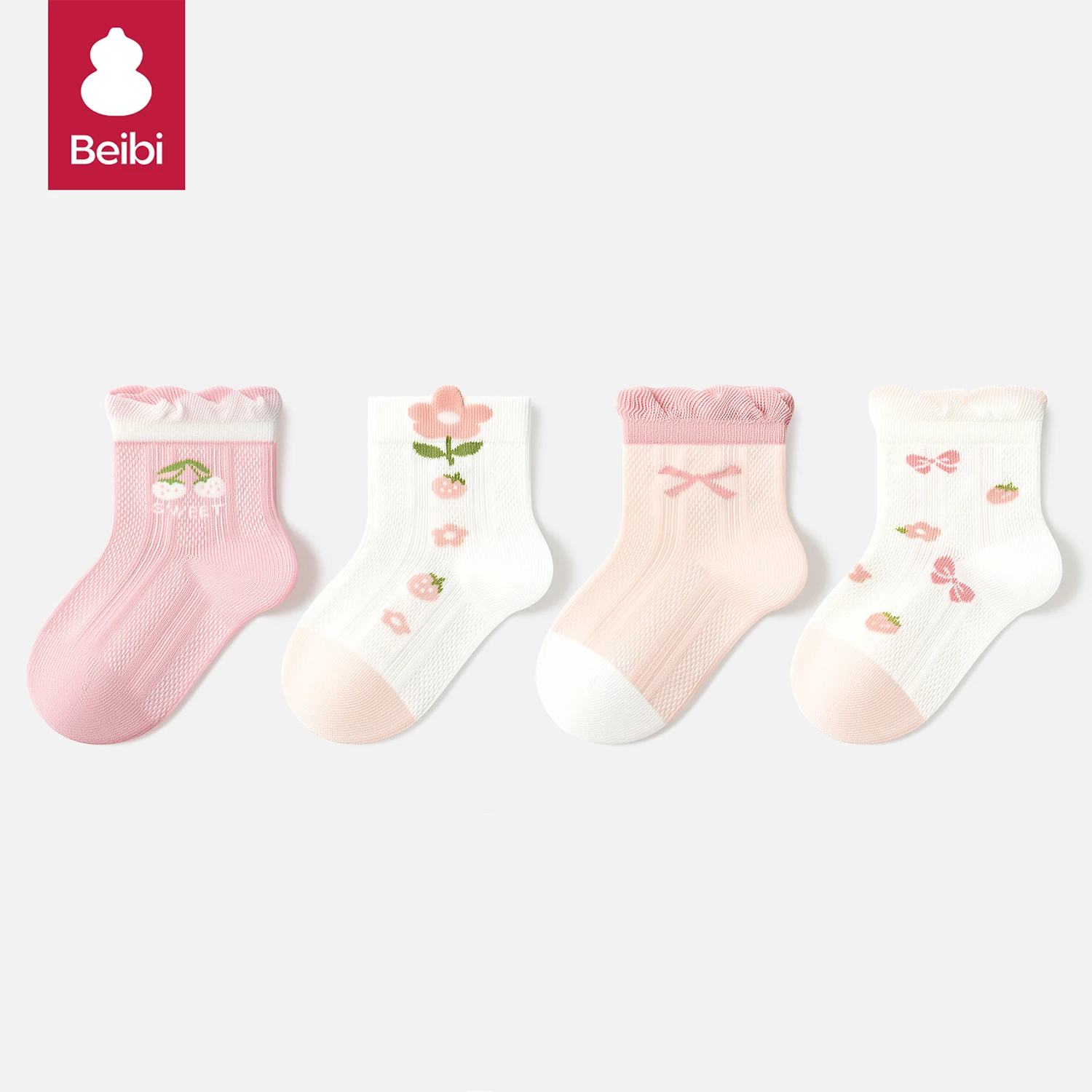Beibi 4-Pair Pack of Girls' Mid-Calf Socks, Cute Strawberry and Bow Pattern Print, Suitable for Summer, Suitable for Ages 0-6