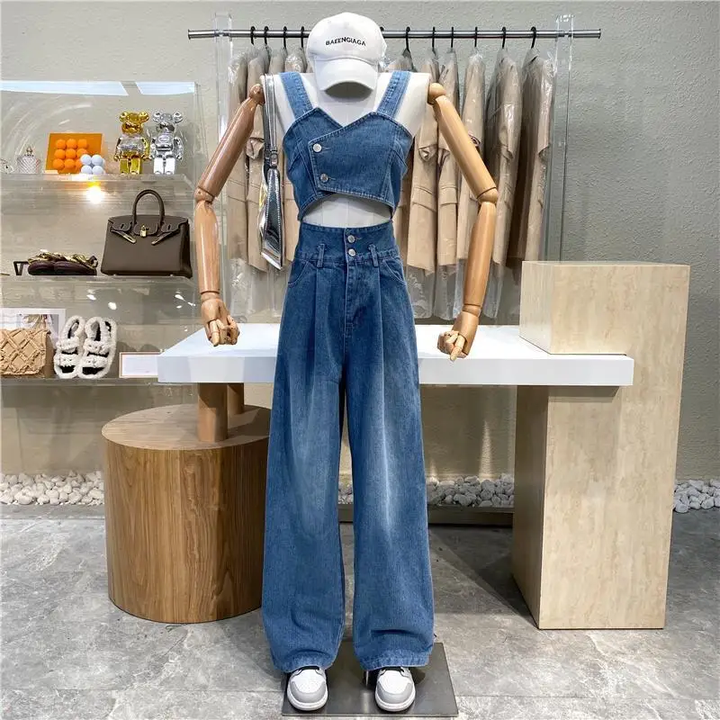 

Patchwork Jeans Suit 2 Pieces Sweet Fashion Irregular Short Crop-Top Spaghetti-Strap High Waist Loose Casual Wide-Leg Trousers