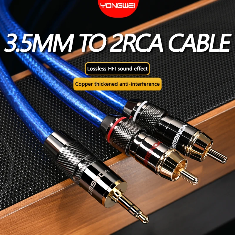 

YONGWEI 6N Cable de Audio HiFi Chapado en plata de 3.5mm a 2RCA, estéreo sin ruido, Jack 3.5 a 2RCA macho para amplificadores