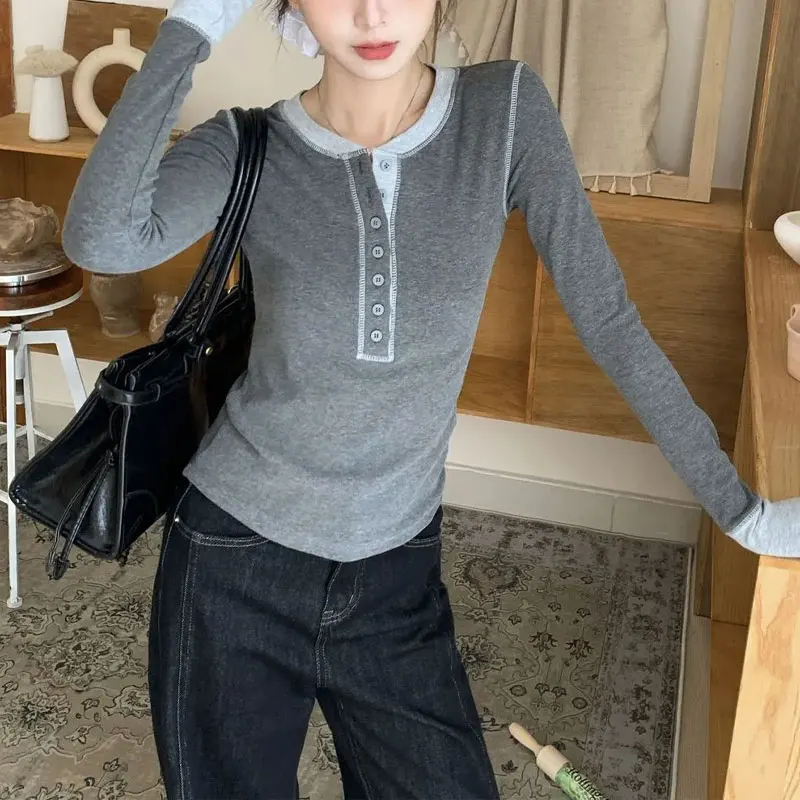 

Fake Two Pieces Patchwork T-shirts Autumn Korean Contrasting Colors Women's Clothing Half High Collar Slim Long Sleeve Pullovers