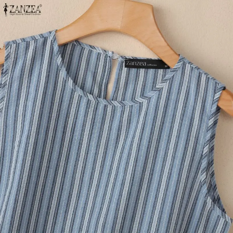 ZANZEA 2026 Sommer Gestreifte Tanktops für Damen O-Ausschnitt mit Rüschenbesatz Lose Ärmellose Tops Lässige Schicke Streetwear Damenkleidung – Detail 12