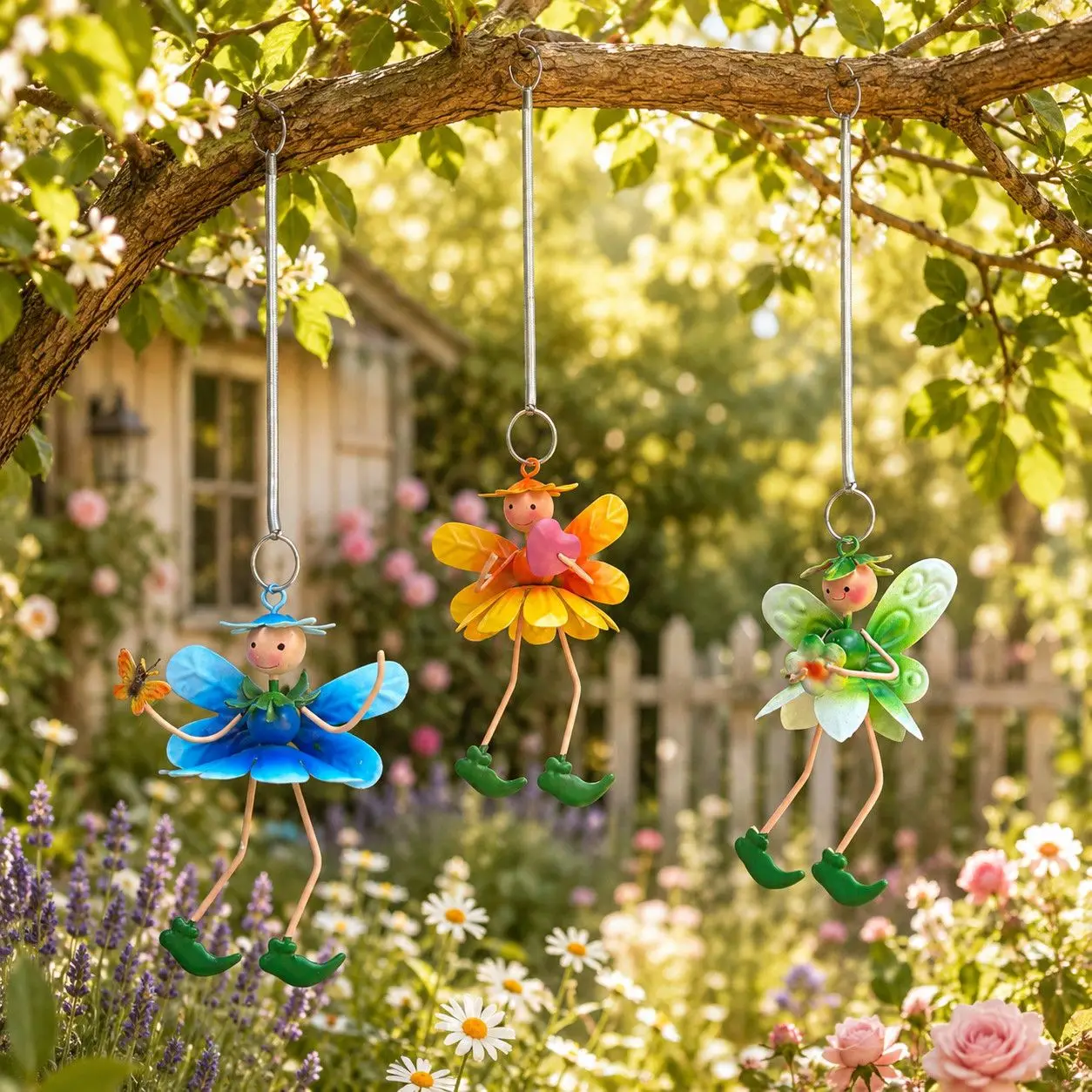 Hand Painted Metal Flower Fairy Hanging Ornament with Butterfly Heart Handmade Iron Art Decor Tree Patio Yard Decoration Gift
