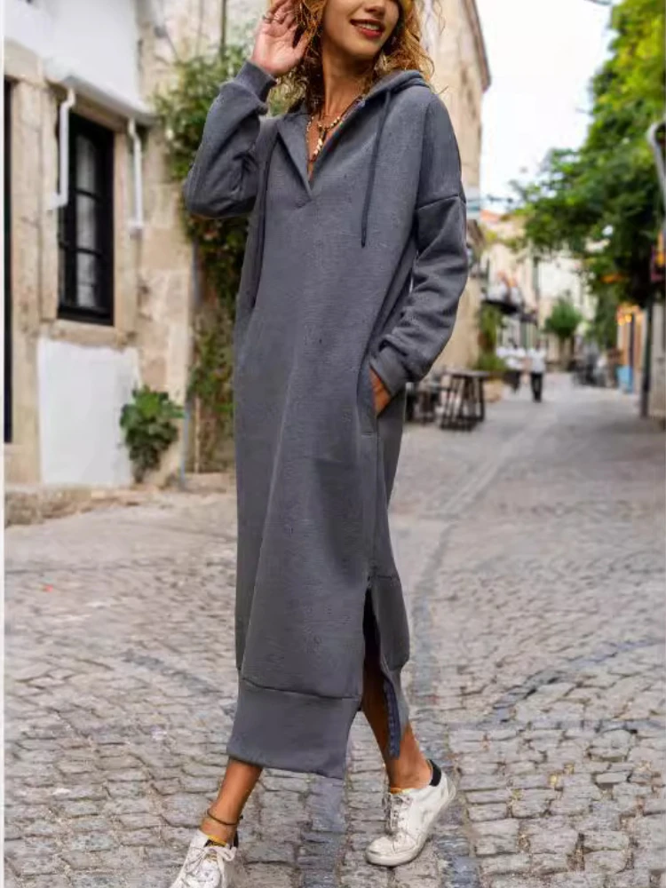 Autumn and Winter Fashion New Women\'s Warm and Loose Hoodie Dress Commuting Style Casual Hooded V-neck Slit Hoodie Long Skirt