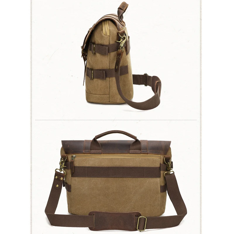 شيك حقيبة ساعي قماش براون الجلود تقليم مشبك إغلاق سعة كبيرة خمر حقائب كتف كروسبودي للاستخدام غير الرسمي للرجال #3