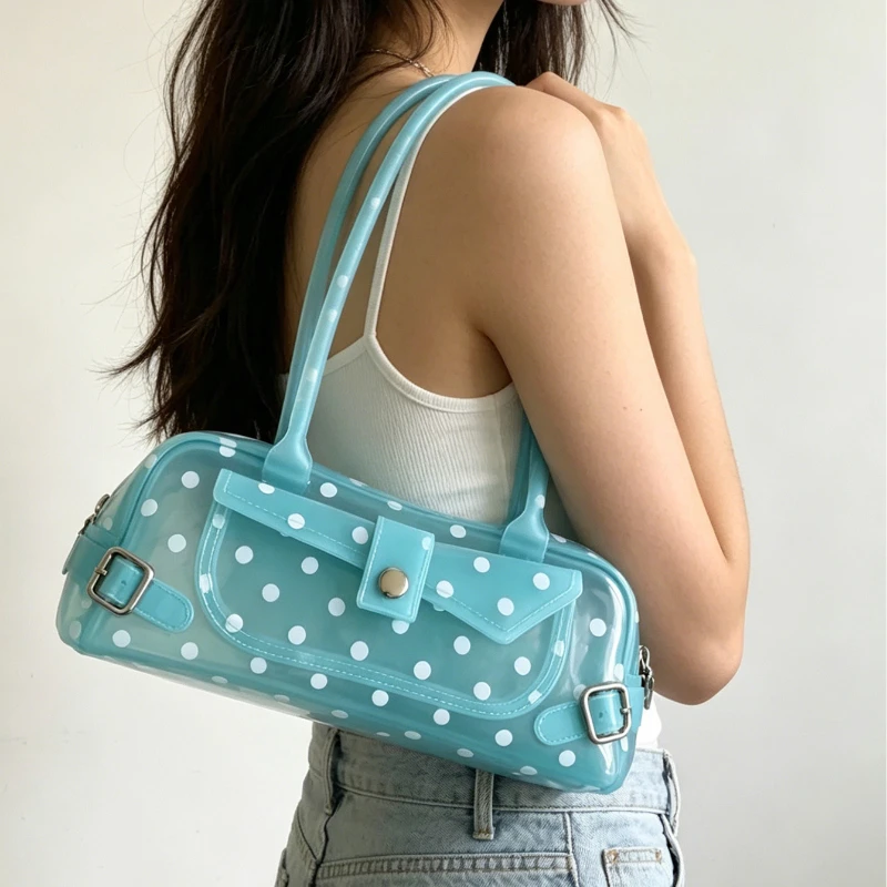 2026 polka dot transparent PVC jelly underarm bag girl style candy color mini shoulder bag summer beach vacation tote bag