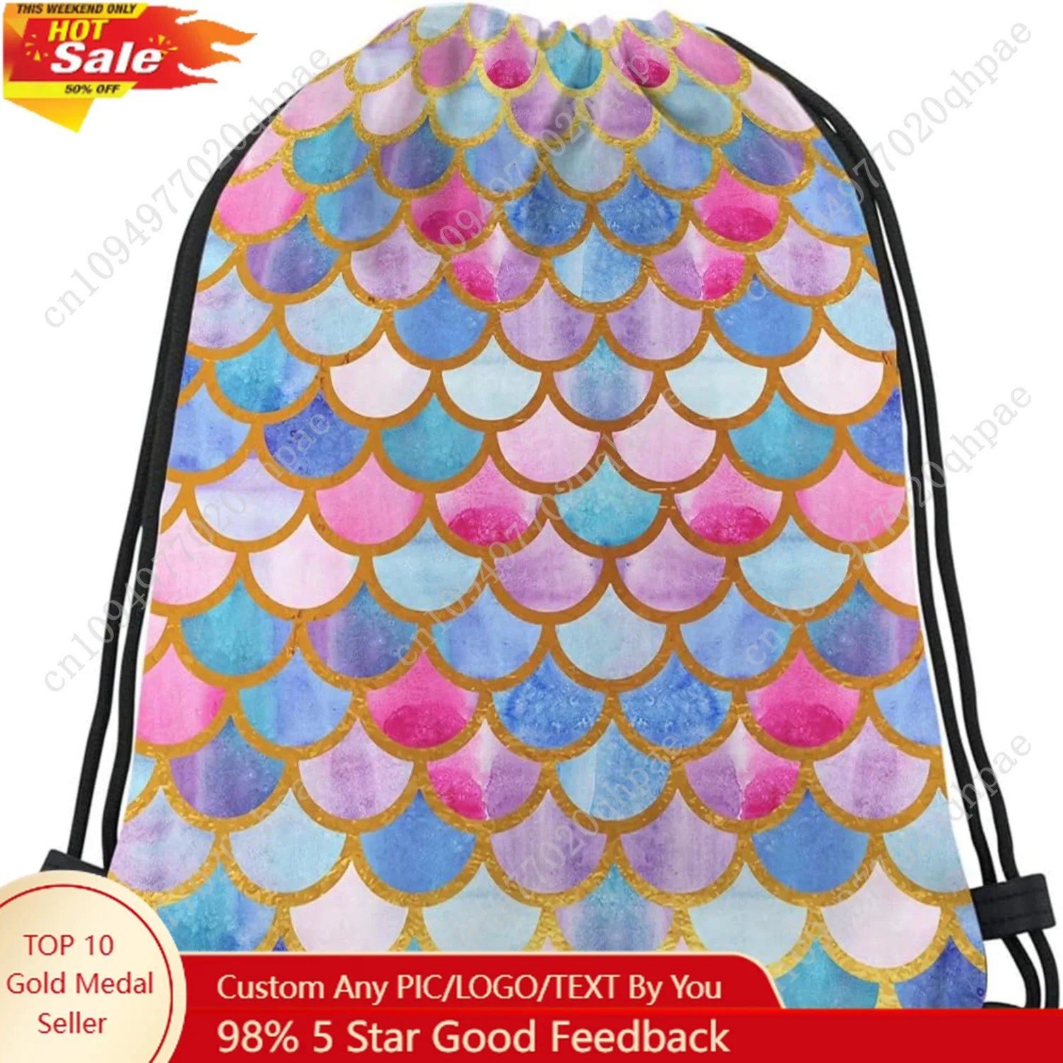 Bolsas con cordón de escamas de sirena, mochila, bolsa de acuarela, Animal, pez, patrón de cuento de sirena, diseño moderno, bolsa deportiva para gimnasio con cordón