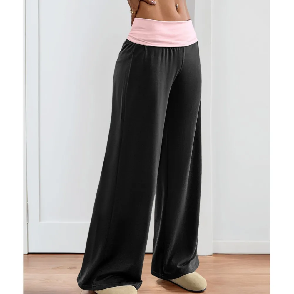 レディース ローウエスト カラーブロック カジュアル スポーツ ワイドレッグパンツ コントラスト ルーズ 快適 オールマッチ シンプル スタイル 通勤 トレンディ