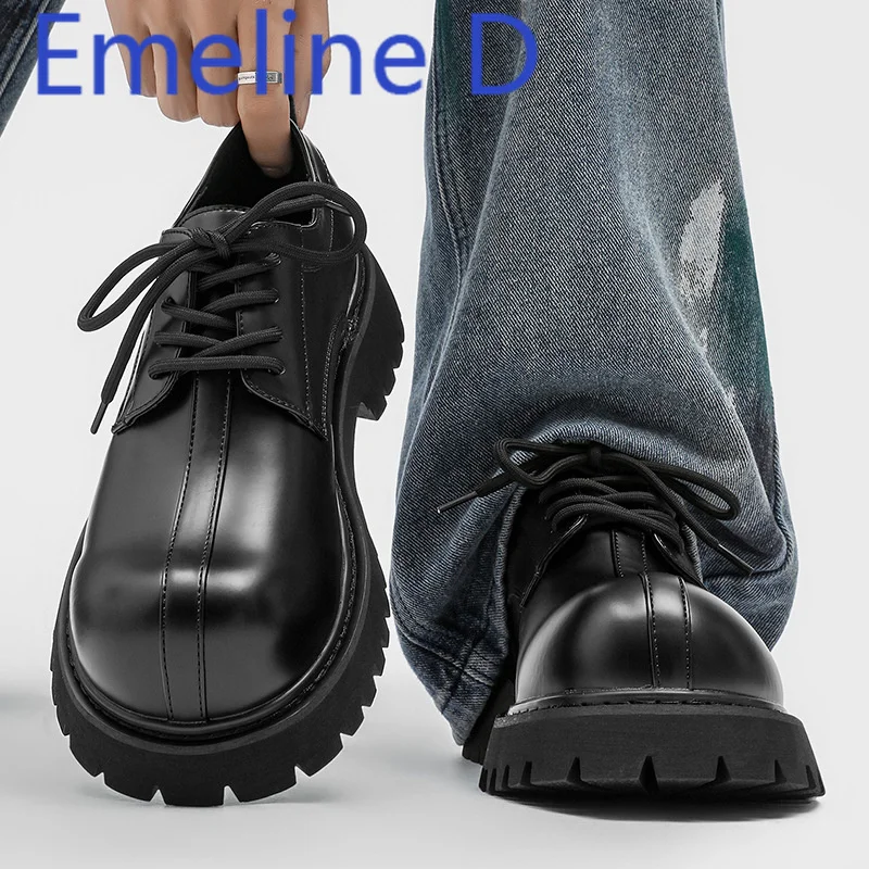 

Big Toe Flat Shoes Lace Up Design Simple Style Round Toe Thick Sole Casual Derby Shoes for Men British Style Leather Shoes