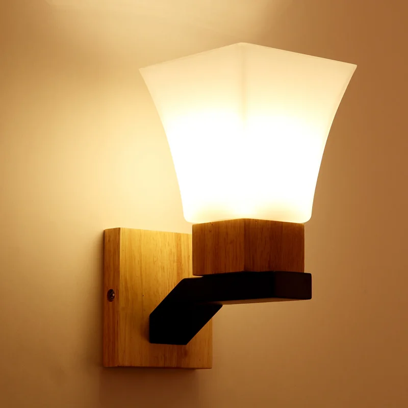 Nordic LED Wall Lamp Modern Wooden Wrought Iron Glass Aisle Bedroom Lights Fixture Sconce E27 Bulb Log Indoor Lighting