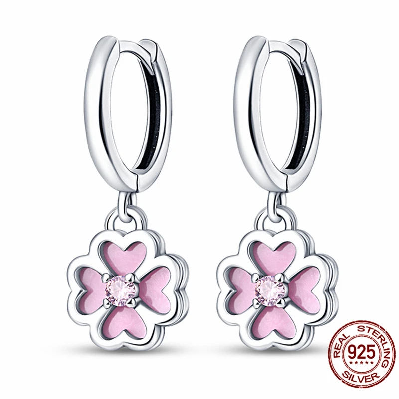 

925 Sterling Silver Pink Four-Leaf Clover Two-Piece Earrings for Women Sparkling Zirconia Anniversary Wedding Jewelry Gift