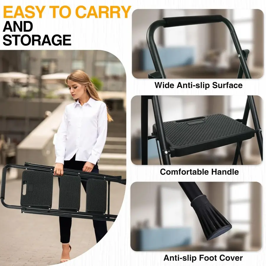 سلم متدرج، مقعد محمول قابل للطي من الفولاذ مع دواسة واسعة مضادة للانزلاق ومقبض مريح، سلم فولاذي قوي بوزن 500 رطل، Bla #6