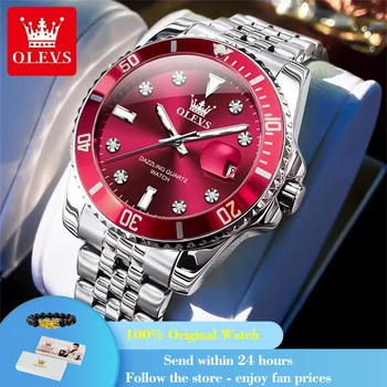 Olevs-男性用防水クォーツ時計、トップブランド、カレンダー腕時計、発光、ステンレス鋼、ビジネス、オリジナル、9809