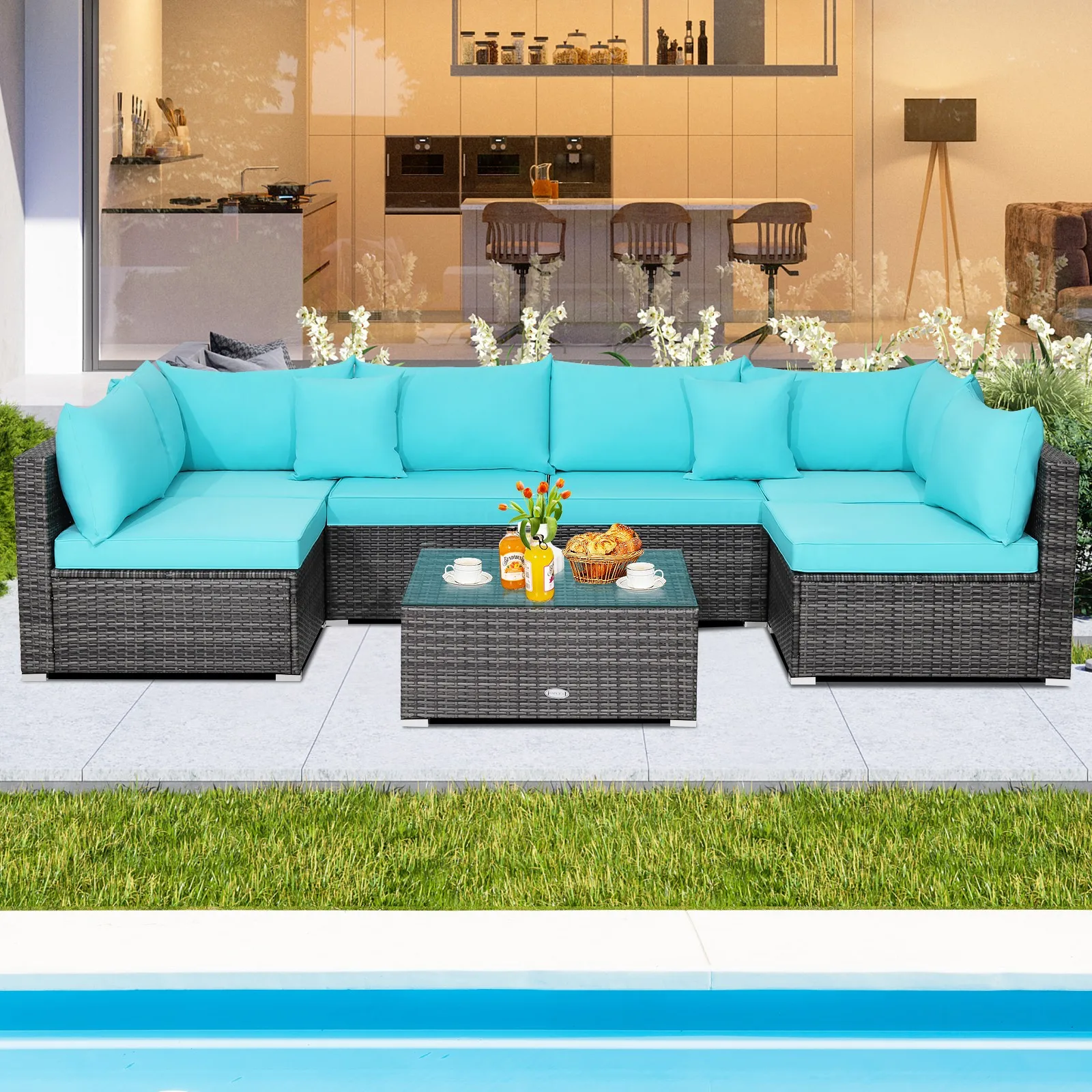 

7PCS Rattan Furniture Set Sectional Sofa Garden Turquoise Cushion