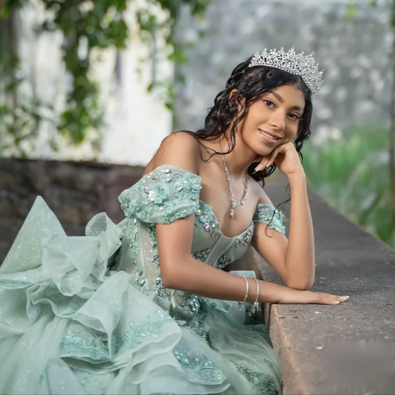 

Shiny mint green Quinceanera Dress off-shoulder 3D flower glitter Decal Long tail Bow vestidos de 15 Quinceanera ﻿Customize