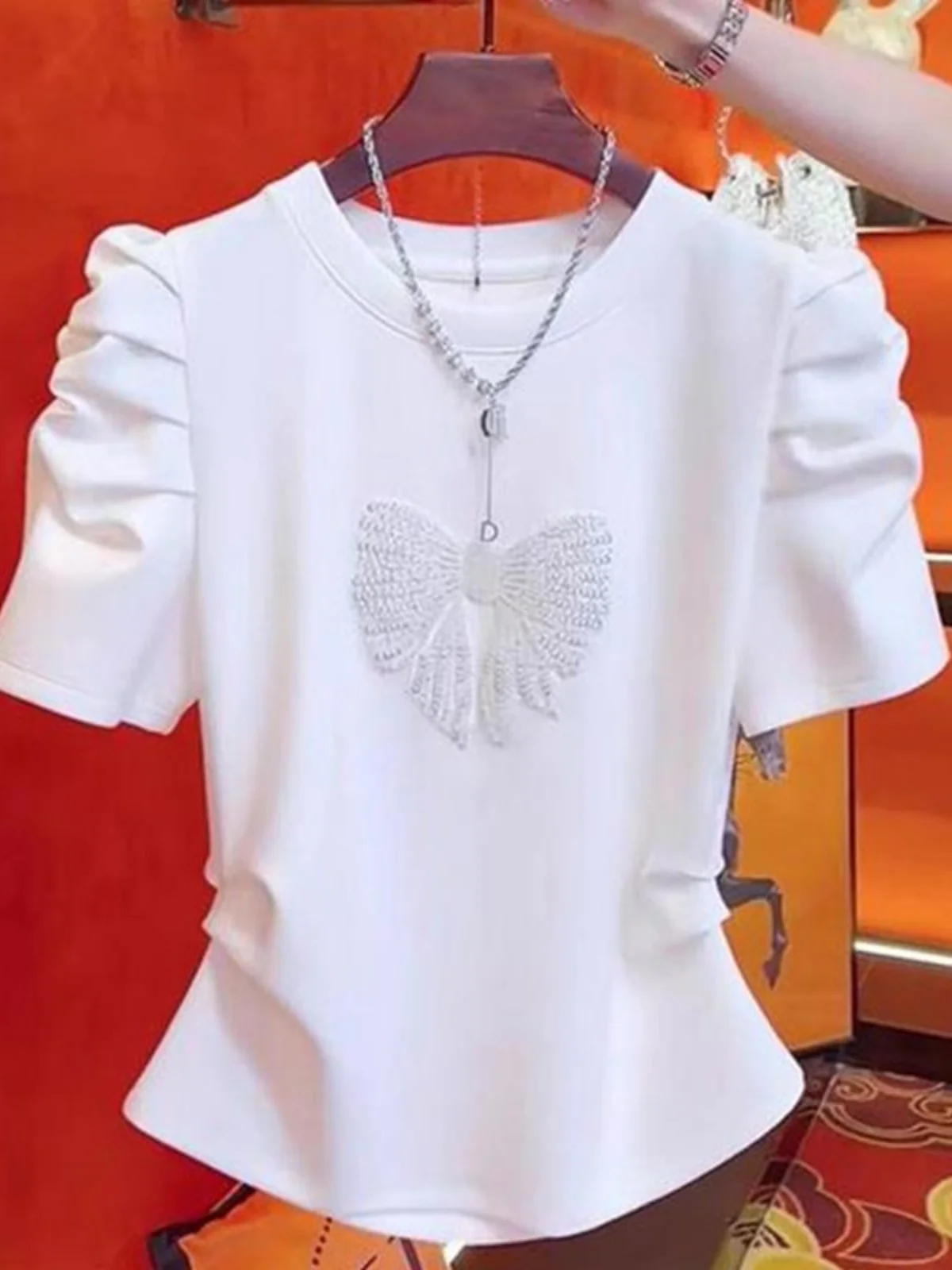 Sommer Neue Faion Casual ort Sve runde Ne Gestickte Taille T-shirt frauen Top Sli Vielseitig Atmungsaktiv Bequem