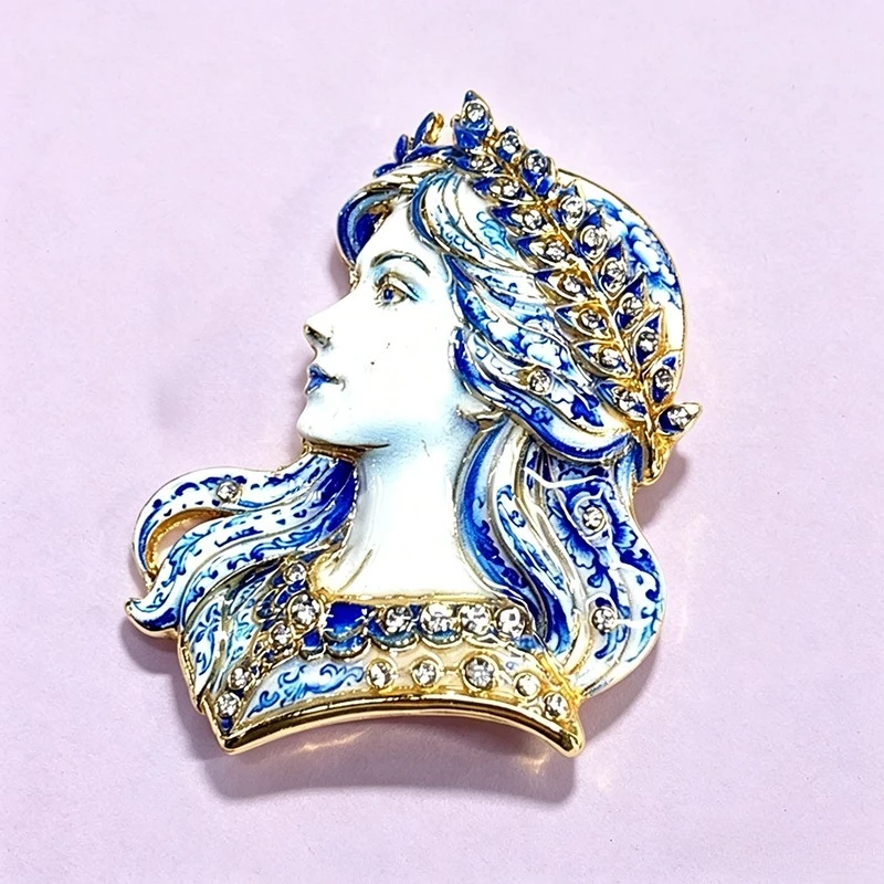 Vintage Blue White Enamel Lady Profile Brooch Rhinestone Laurel Metal Pin Jewelry Gift
