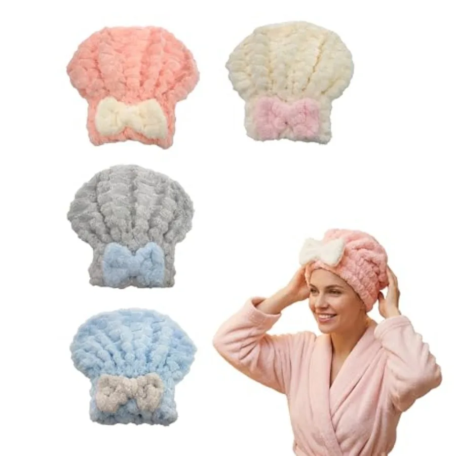 4-Pack Microfiber Hair Towel Cap for Short/Medium Hair, No Twist, No Tug, Soft Absorbent Drying Hat with Bow for Women - Great